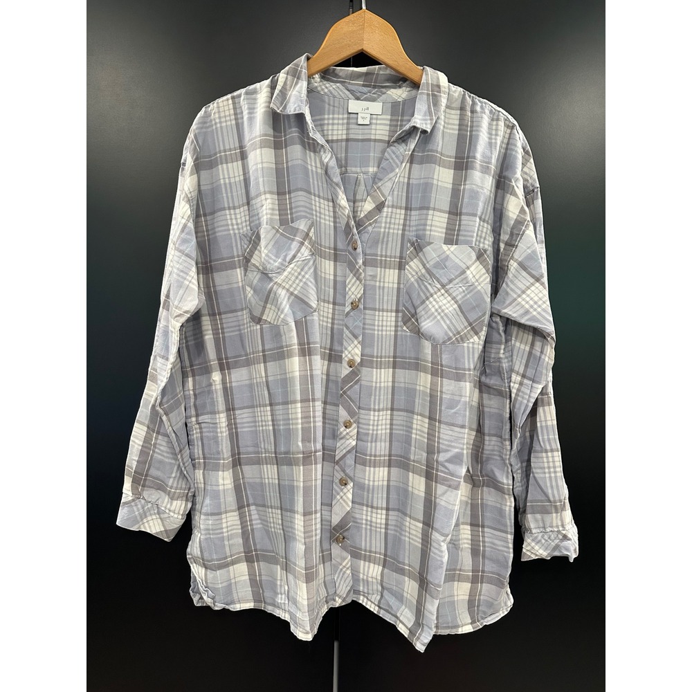 J. Jill Womens Blue Grey Plaid Cotton Lyocell Button Down Shirt L Large